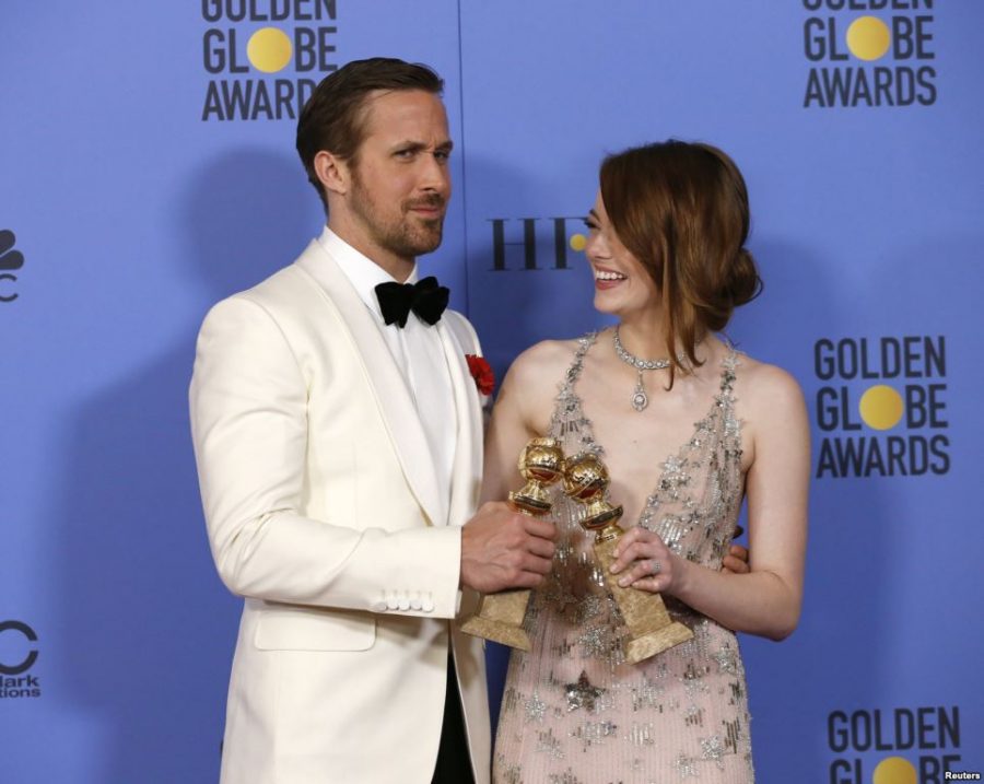 Ryan Gosling and Emma Stone take home their seven Golden Globe Awards for their new hit La La Land, including Best Screenplay of a Motion Picture, Best Original Score, Best Actor in a Musical or Comedy, Best Actress in a Musical or Comedy, Best Musical or Comedy Motion Picture, and Best Director of a Motion Picture.