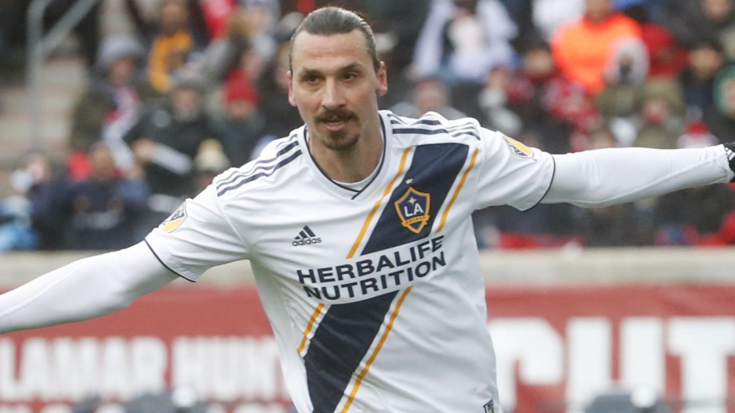 Newly acquired player Zlatan Ibrahimovic celebrates his goal during a LA Galaxy home match. Ibrahimovic was recently acquired from powerhouse English club Manchester United.