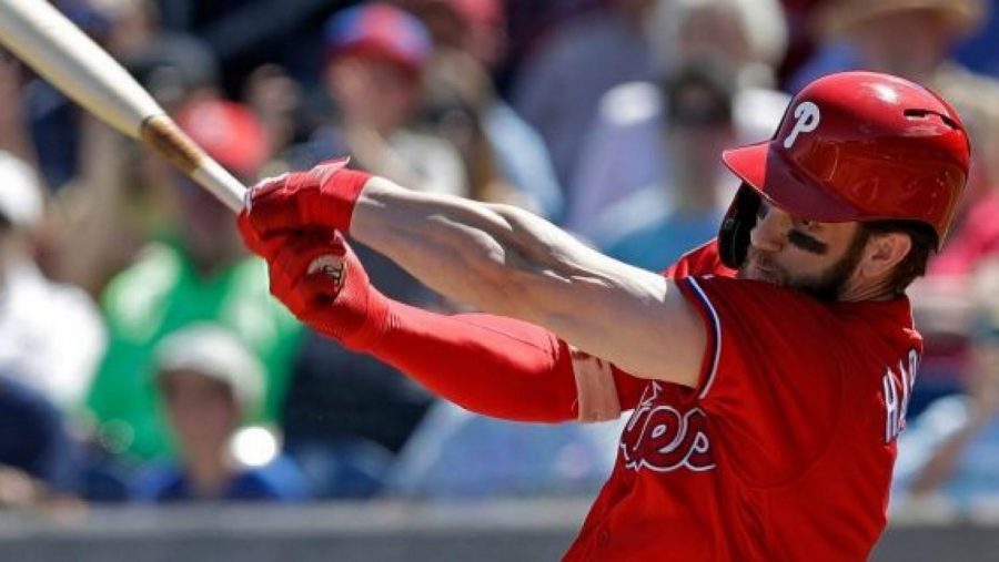 Bryce+Harper+makes+his+first+official+hit+as+a+player+on+the+Philadelphia+Phillies+after+spring+training.